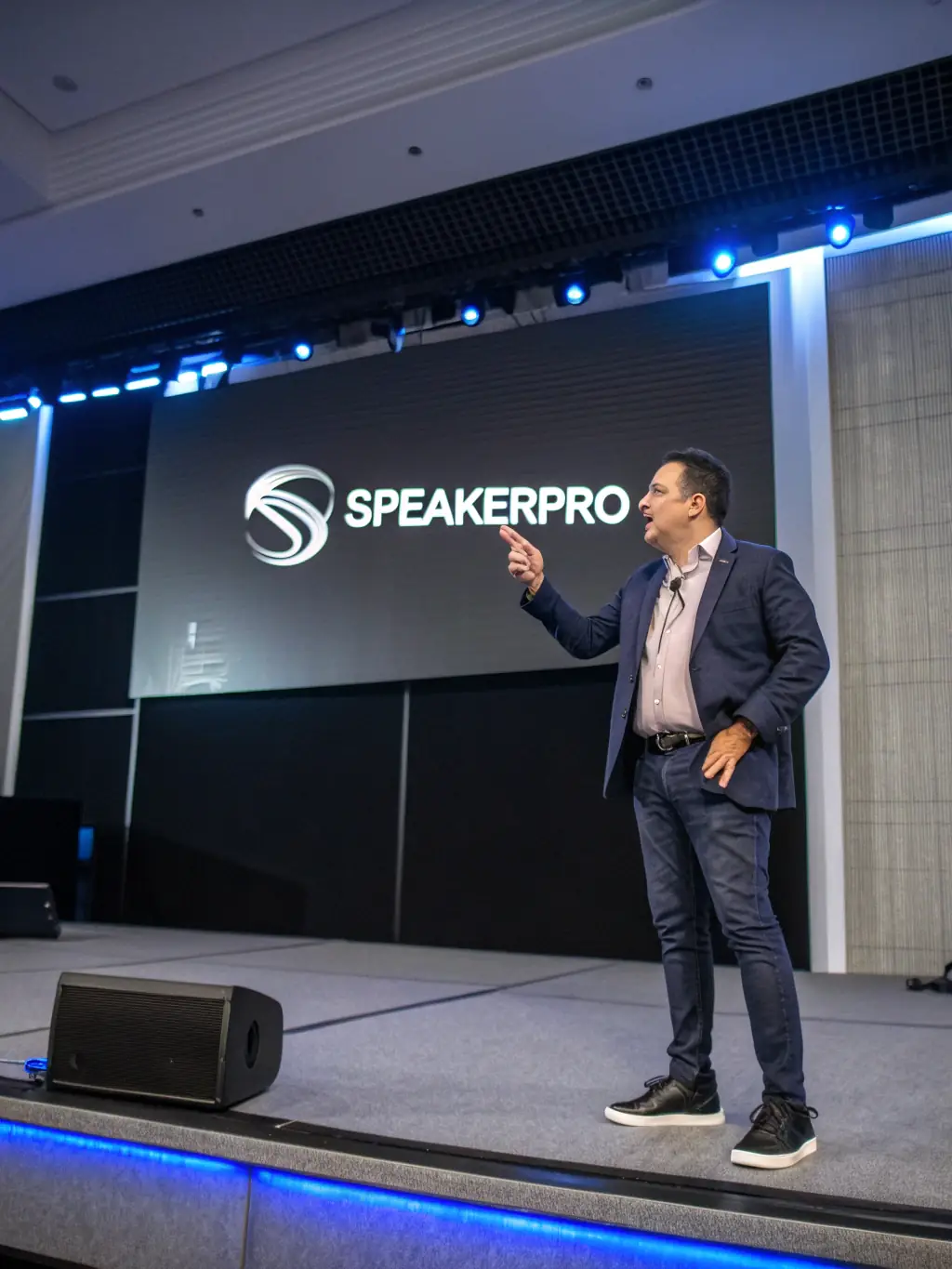 A Canadian executive confidently addressing a conference audience, highlighting the impact of effective leadership coaching.