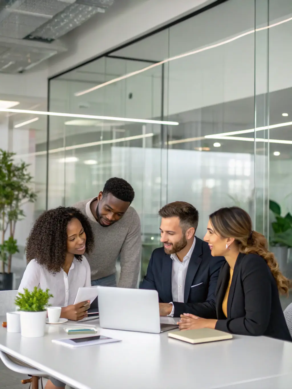 An image of a diverse team collaborating on a project in a modern Canadian office, symbolizing leadership skills development.