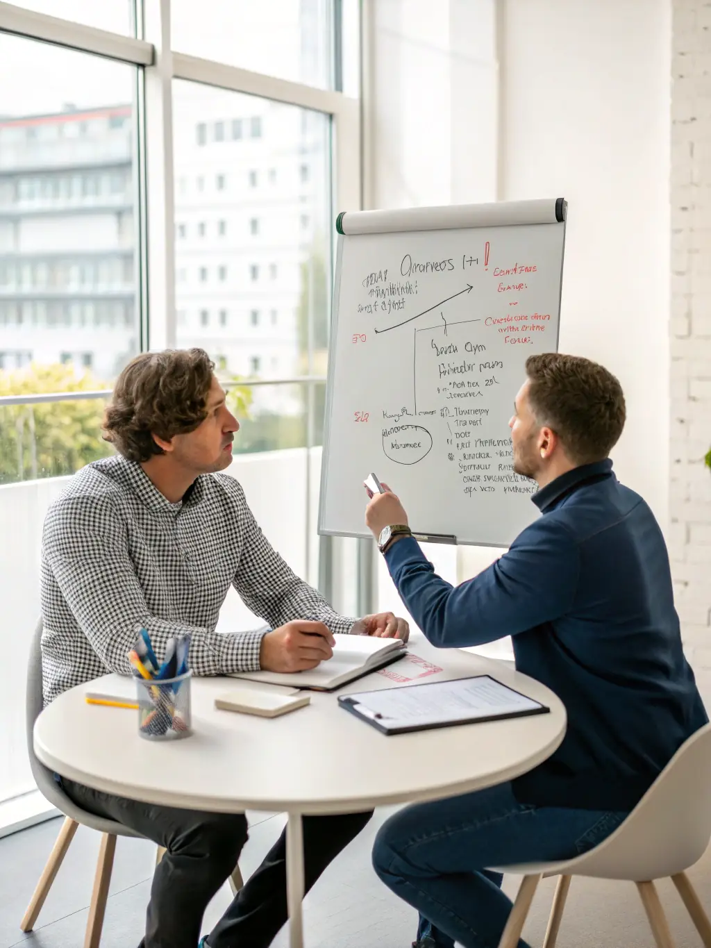 A professional coaching session with a client discussing career goals in a modern office, representing career growth strategies.