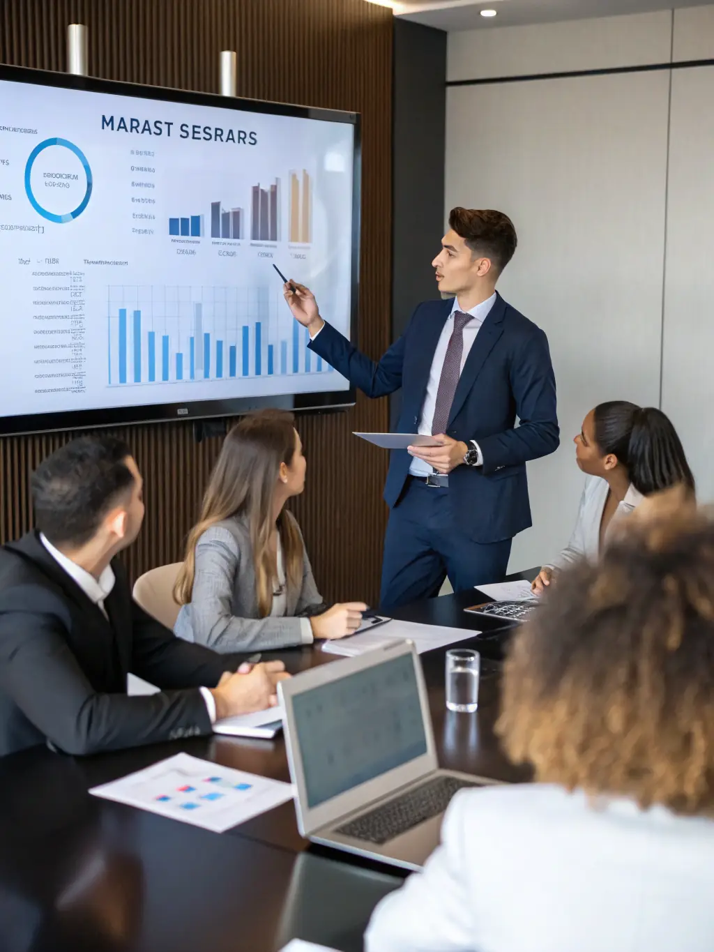 A consultant presenting a strategic plan to a group of executives in a boardroom, emphasizing strategic planning coaching.