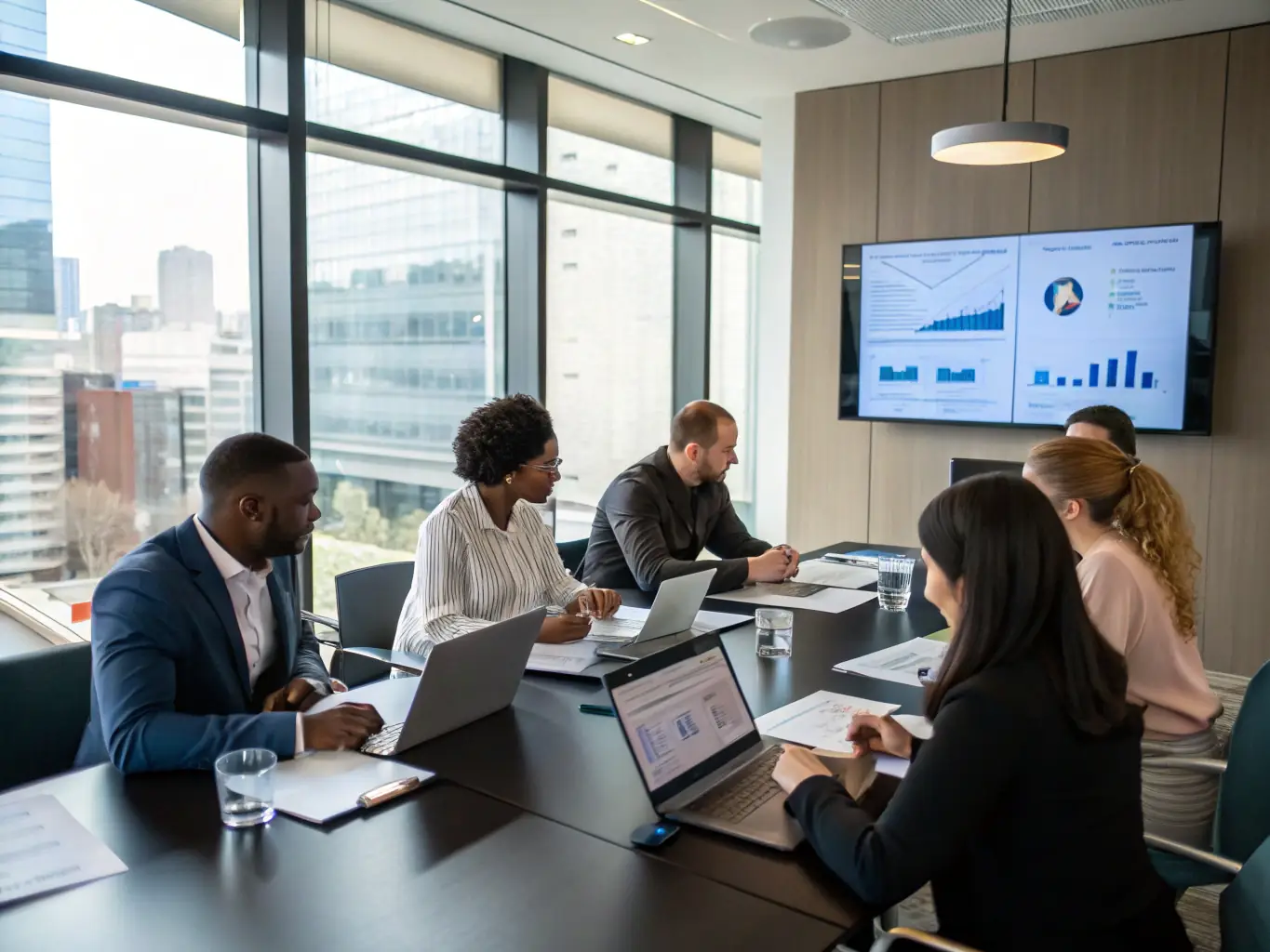 A strategic planning session in a boardroom, with executives collaborating on charts and graphs, symbolizing strategic planning and goal-setting for business growth.