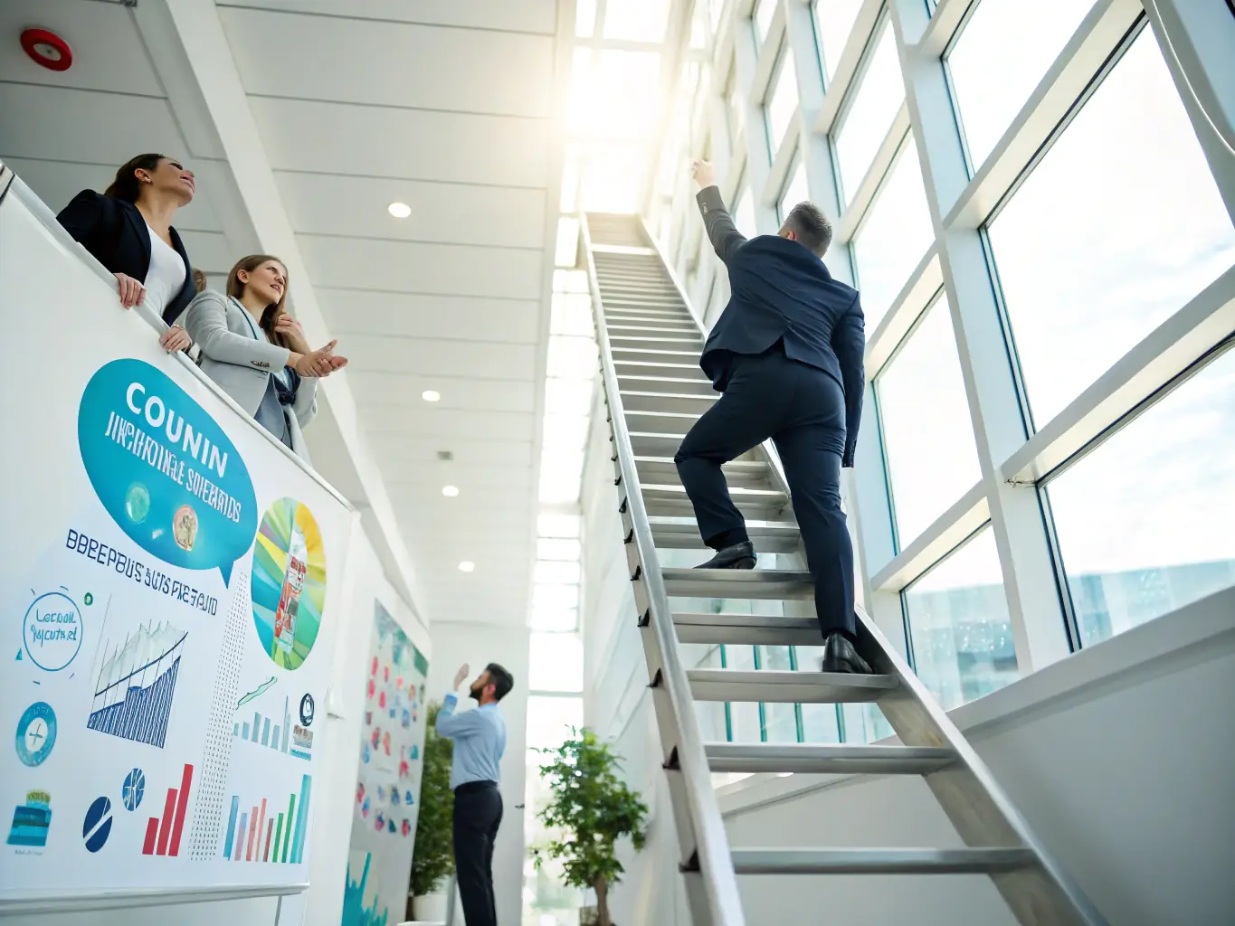 A professional climbing a career ladder, symbolizing career growth and advancement, set against the backdrop of the Toronto skyline.
