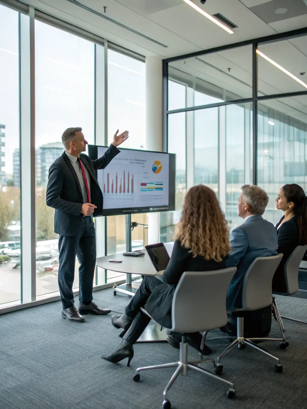 An executive confidently presenting a strategic plan to their team, showcasing the impact of GrowCanada's strategic planning coaching.