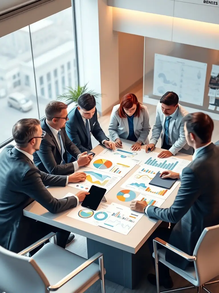 A diverse group of Canadian business professionals collaborating around a table, brainstorming ideas, reflecting the collaborative approach of GrowCanada's coaching.