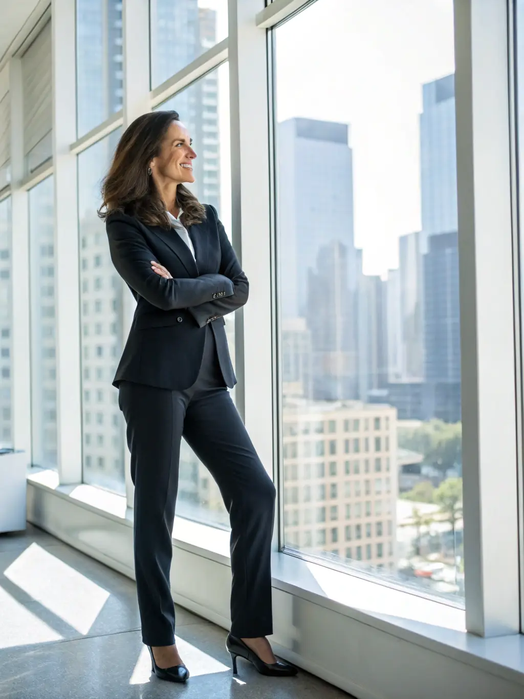 A professional headshot of a confident executive coach, smiling warmly, in a modern office setting with Toronto skyline visible in the background, symbolizing Canadian leadership.