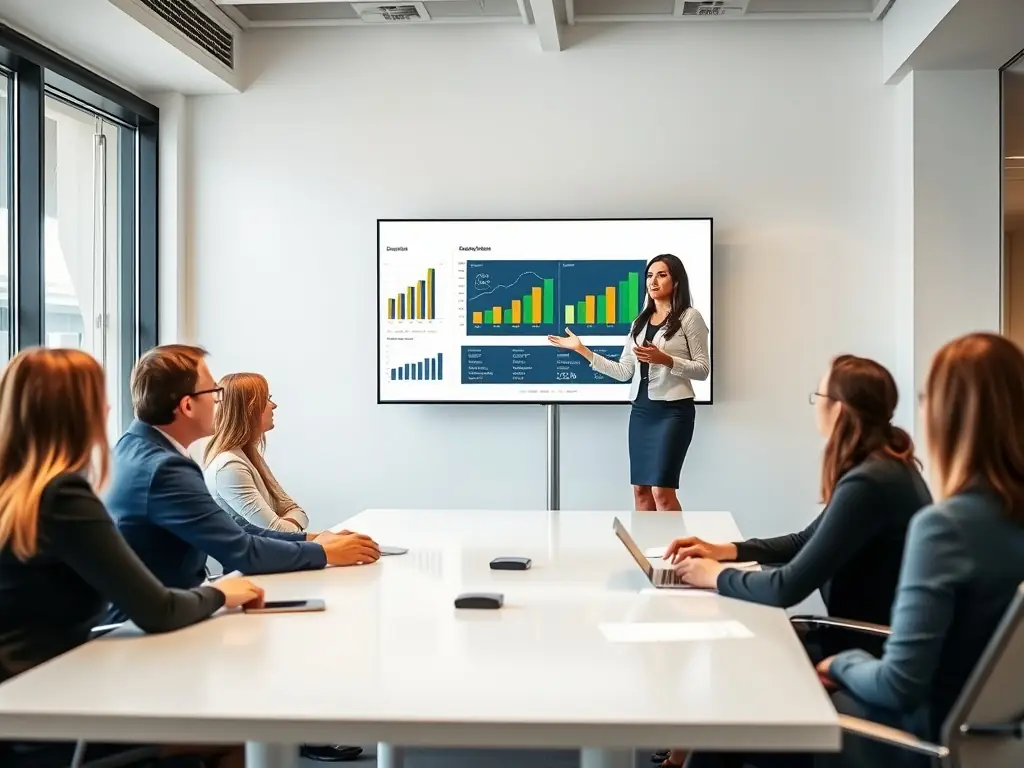 A professional executive in a modern office setting, confidently leading a team meeting, showcasing strong communication and decision-making skills, reflecting leadership skills development.